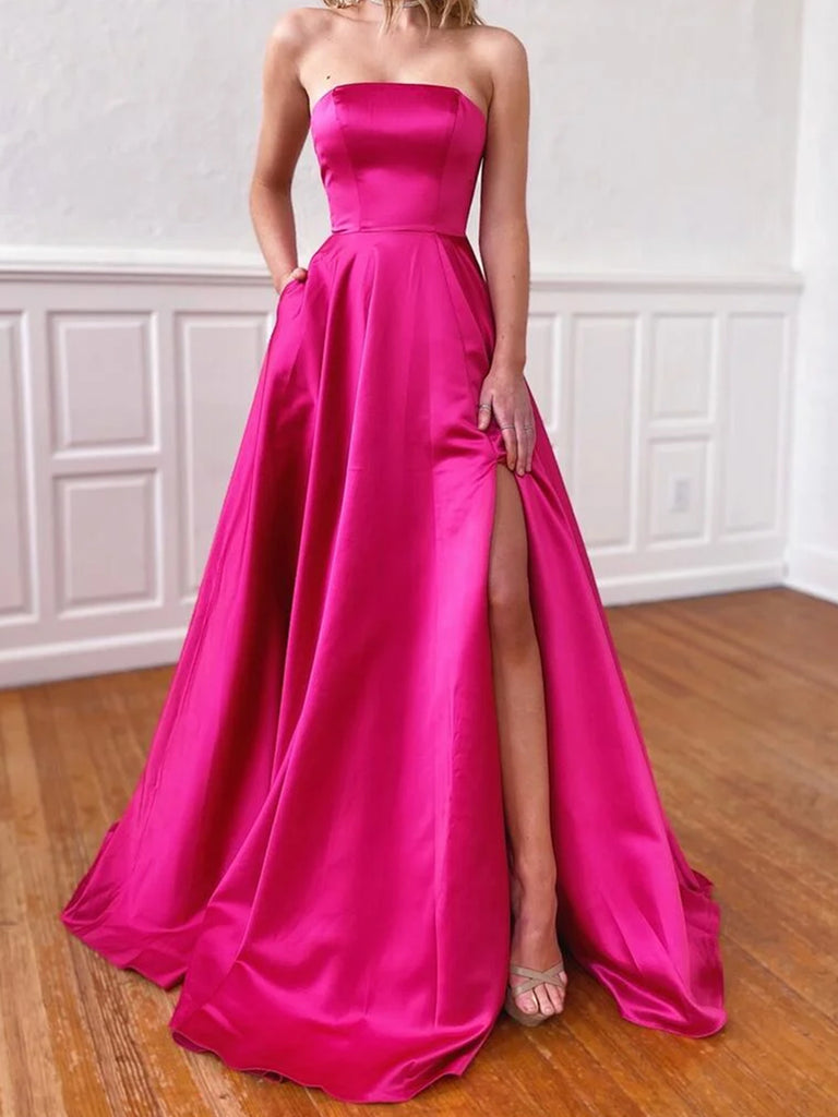 Strapless Hot Pink Satin Prom Dresses ...
